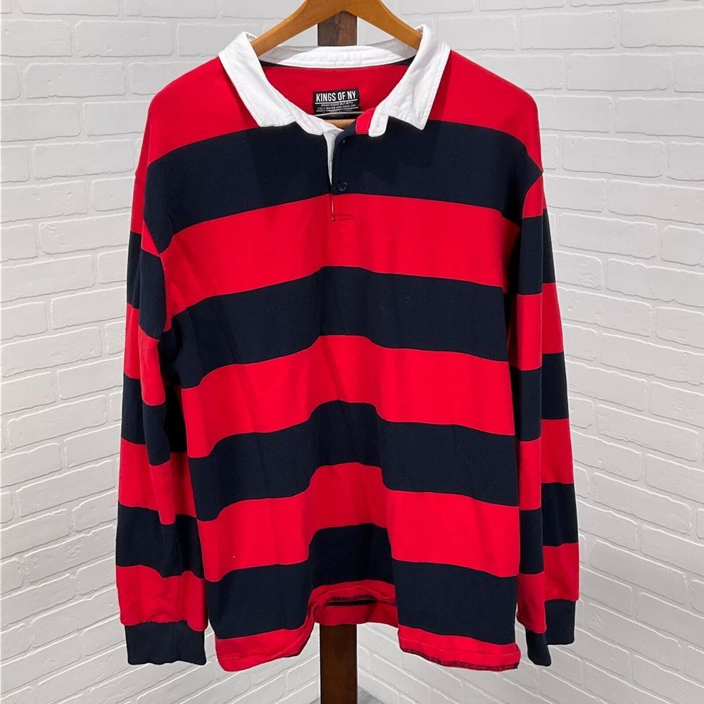 Kings of Cole Red and Navy Wide-Stripe Rugby Shirt